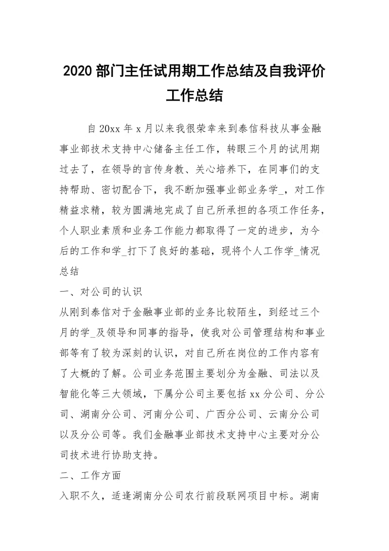 2020部门主任试用期工作总结及自我评价工作总结.docx_第1页