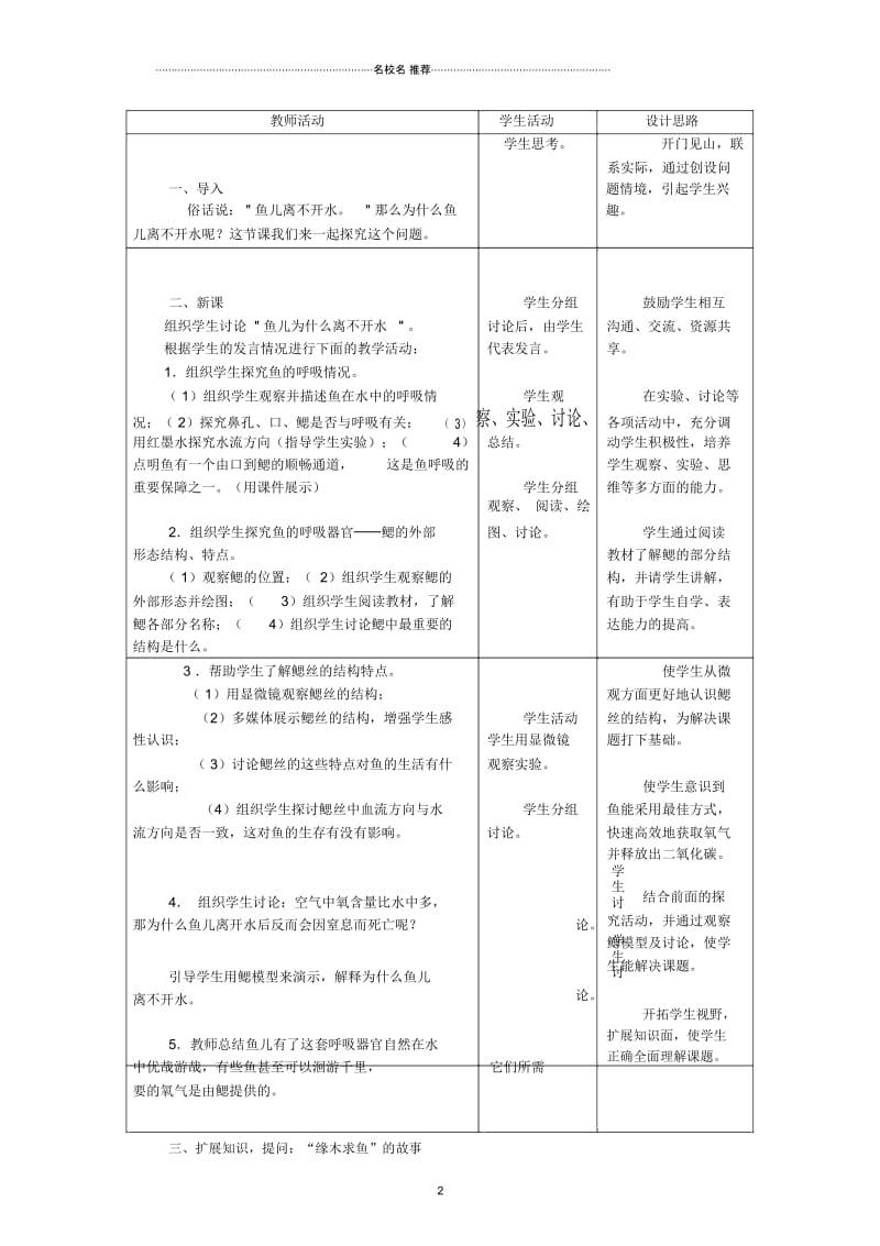 初中八年级生物上册鱼儿为什么离不开水名师精选教学设计新人教版.docx_第2页