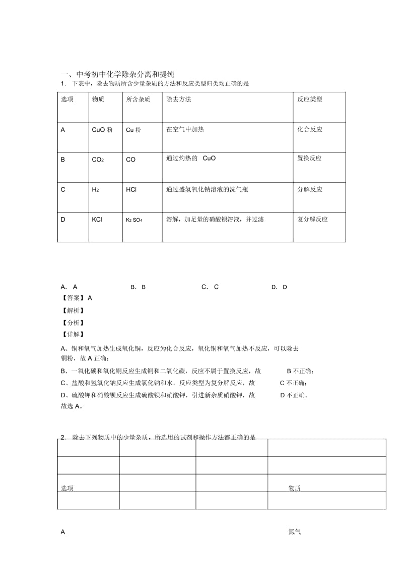 2020-2021备战中考化学备考之分离和提纯除杂压轴突破训练∶培优易错难题篇含详细答案.docx_第1页