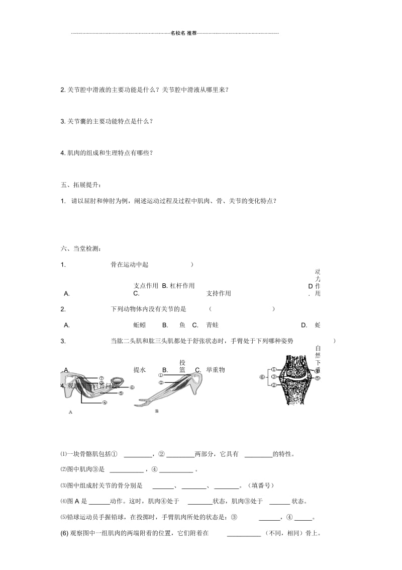 初中八年级生物上册5.2.1动物的运动名师精选导学案2无答案新版新人教版.docx_第3页