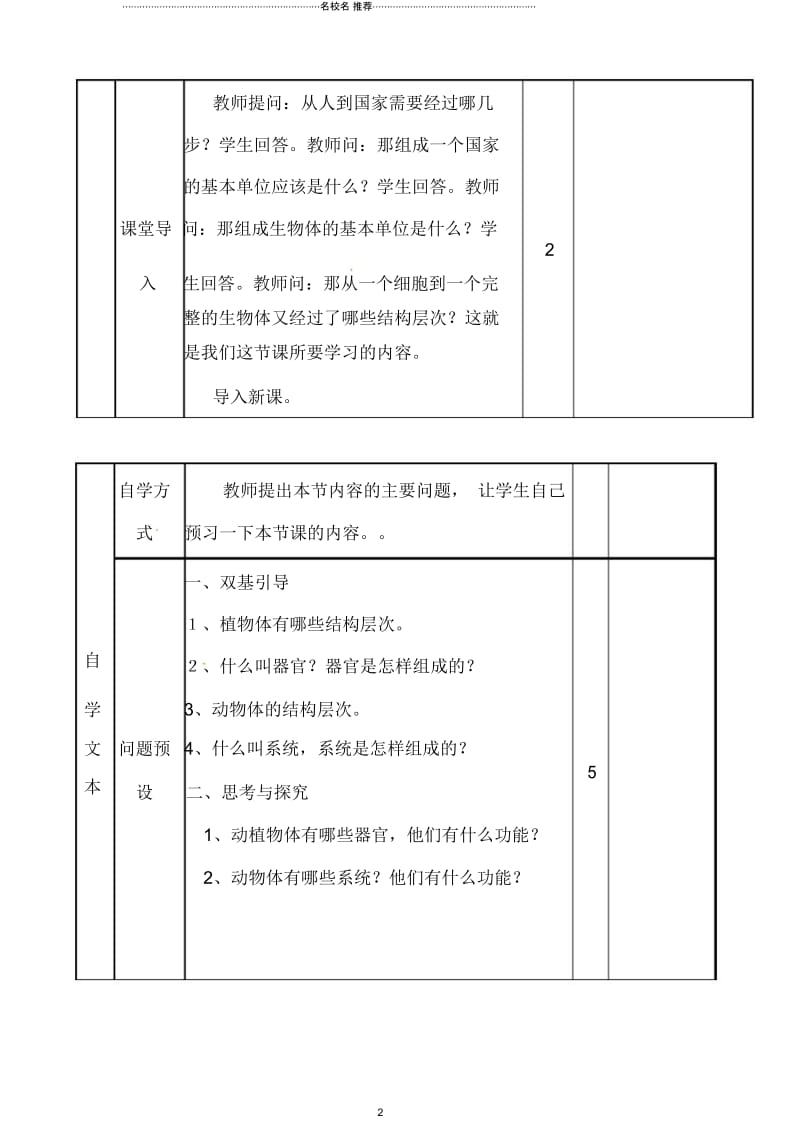 山东省滨州市邹平实验中学初中七年级生物《多细胞生物体的结构层次》名师精选教案新人教版.docx_第2页