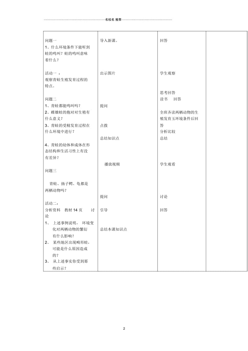 广东省东莞市寮步信义学校初中八年级生物下册《1.3两栖动物的生殖和发育》名师精选教学设计新人教版.docx_第2页