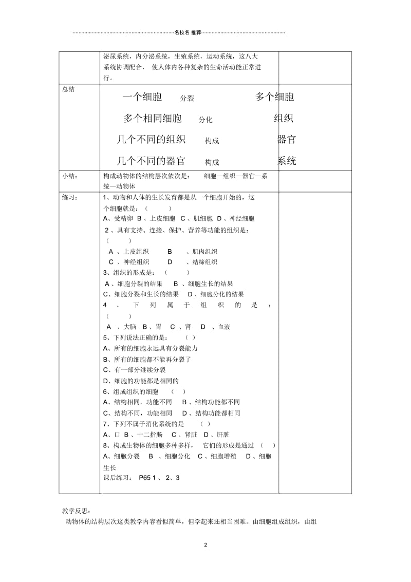 初中七年级生物上册2.2.2动物体的结构层次名师精选教案1(新版)新人教版.docx_第2页