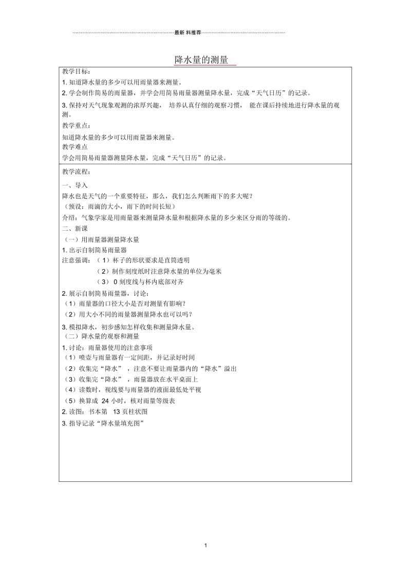 小学四年级科学上册《降水量的测量》表格名师教案教科版.docx_第1页