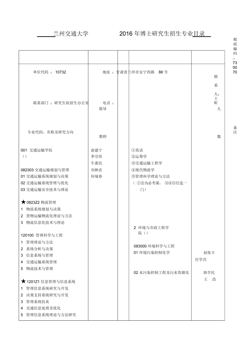 兰州交通大学2016年博士研究生招生专业目录.docx_第1页