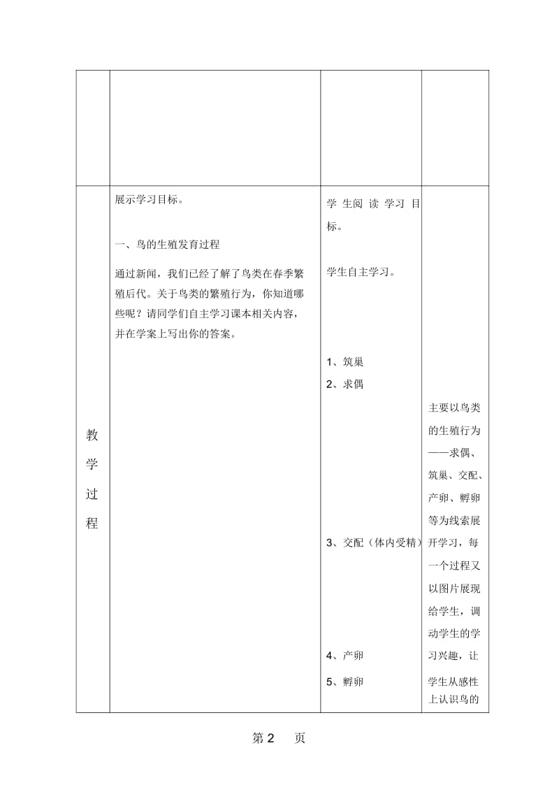 济南版生物八年级上册2.3：鸟的生殖和发育教学设计.docx_第2页