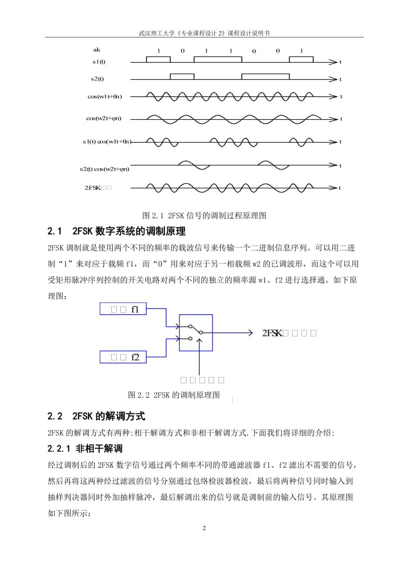 二进制数字频带传输系统（2FSK系统）设计--课程设计.doc_第2页