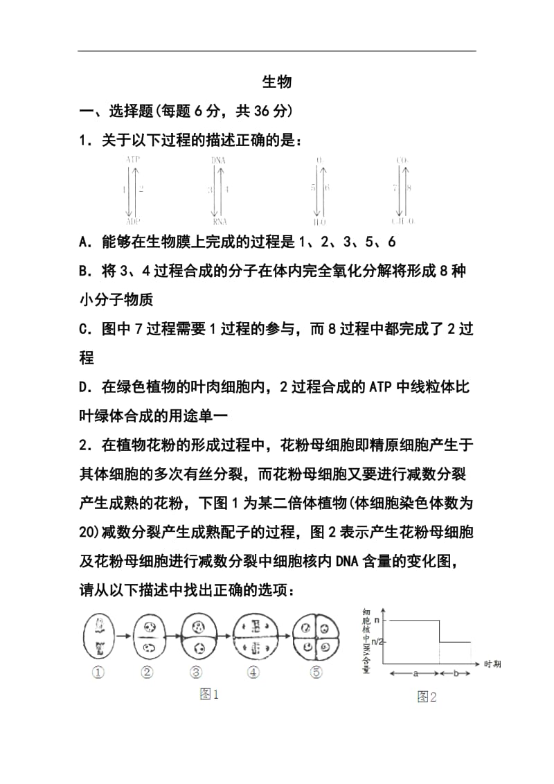 天津市天津市第一中学高三四月考生物试题及答案.doc_第1页