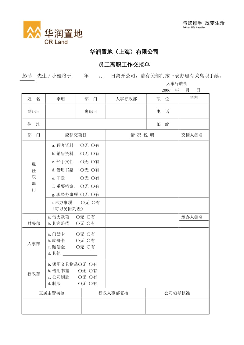 FM-HR-08华润置地（上海）有限公司员工离职工作交接单.doc_第1页