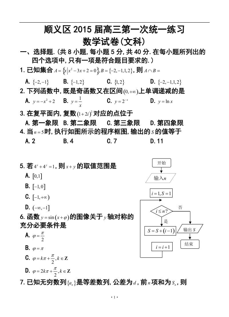 北京市顺义区高三第一次统一练习文科数学试题及答案.doc_第1页