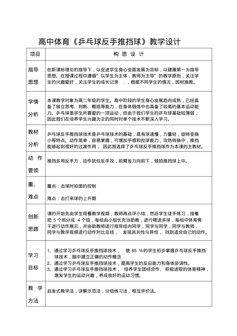 高中体育《乒乓球反手推挡球》教学设计.pdf_第1页