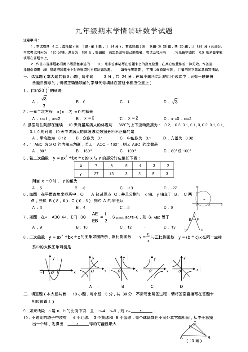 2015届江苏省阜宁县九年级上期末考试数学试题及答案.pdf_第1页