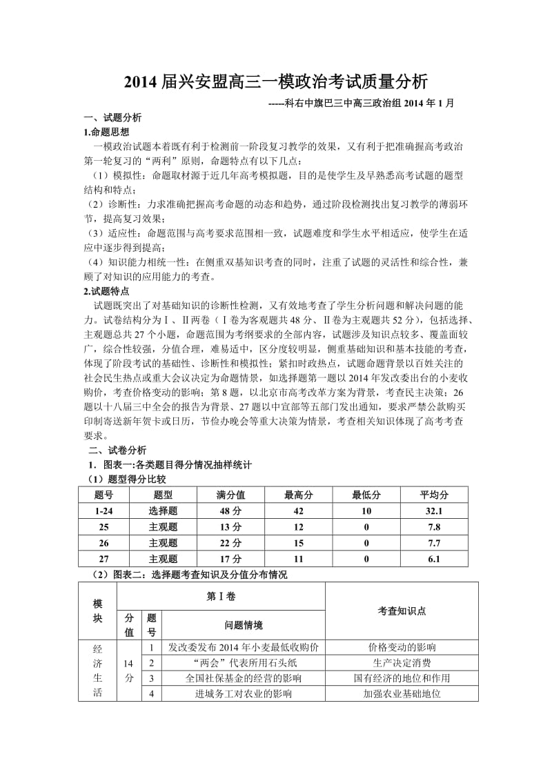 高三一模政治考试质量分析 高三政治备课组.doc_第1页