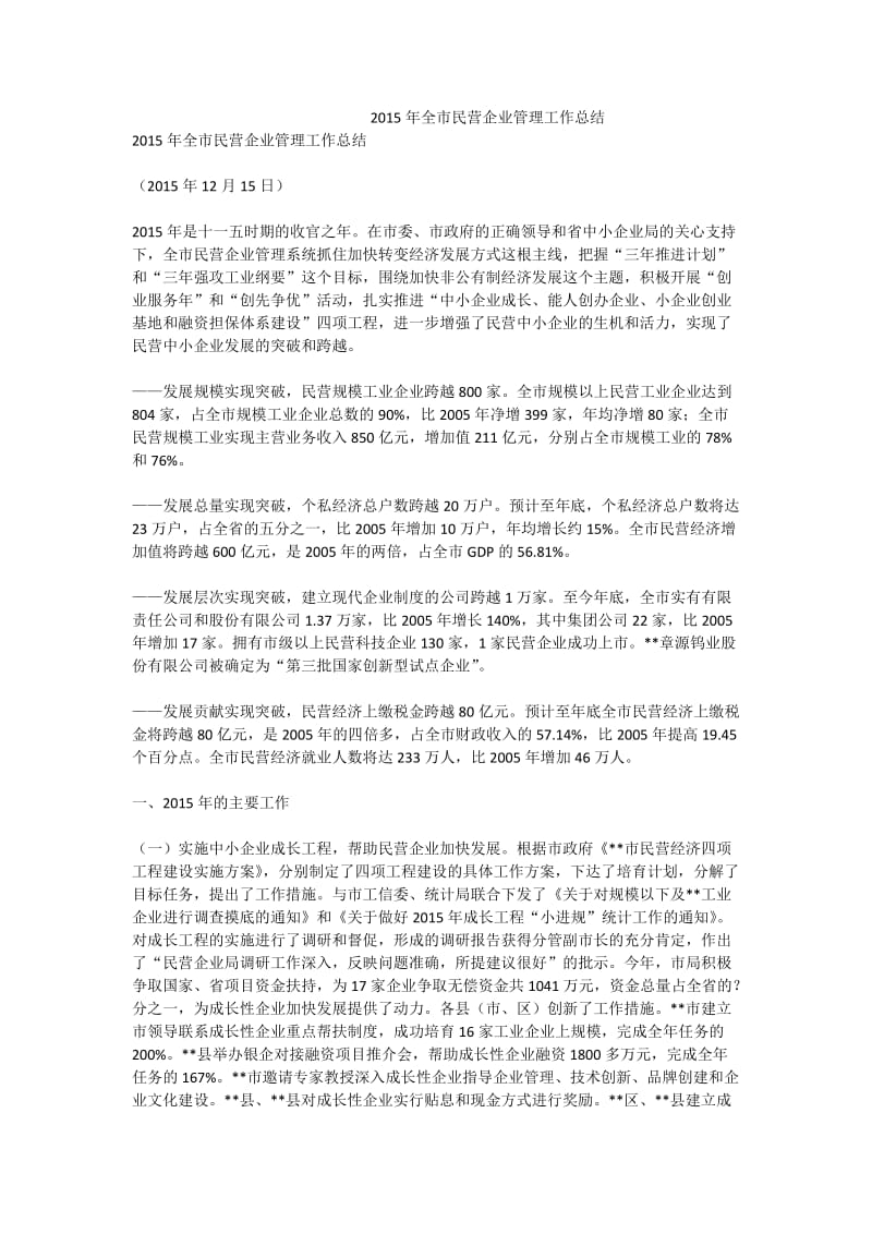 全市民营企业管理工作总结.doc_第1页