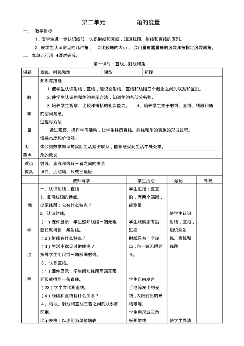 2013年人教版四年级数学上册第二单元角的度量教案(表格式).pdf_第1页