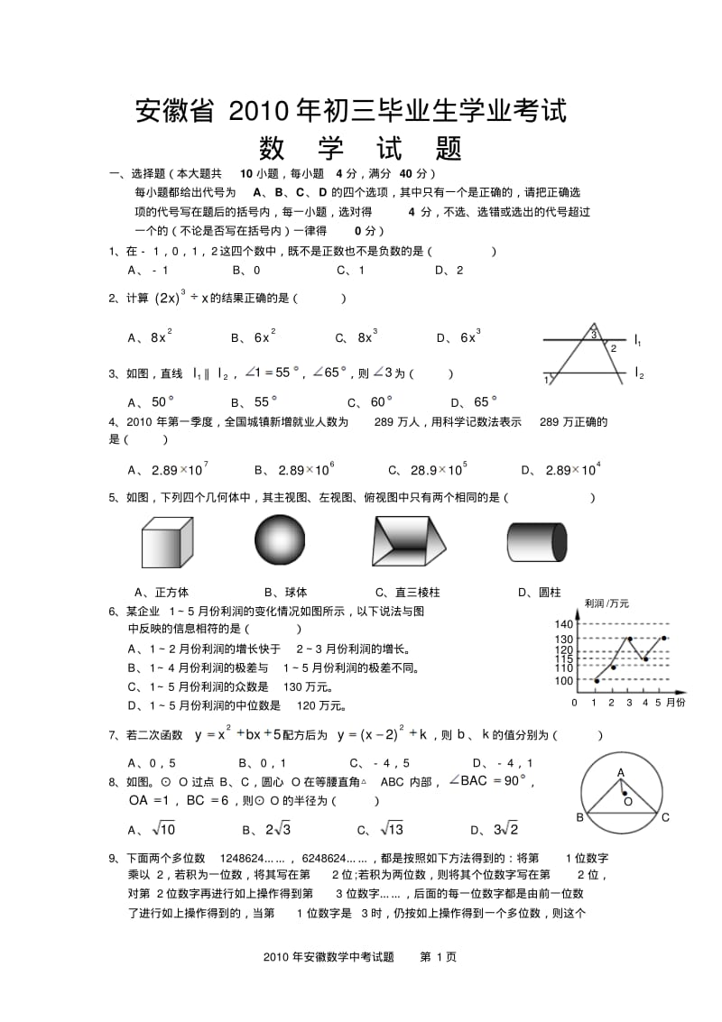 2010年安徽中考数学试题及答案.pdf_第1页