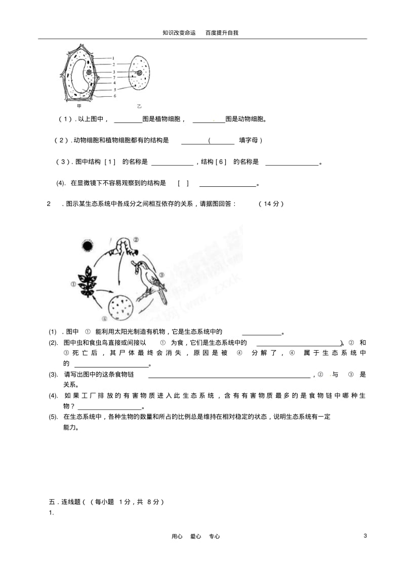 b5新疆巴州蒙中2011-2012学年七年级生物上学期期中考试生物试题(无答案).pdf_第3页