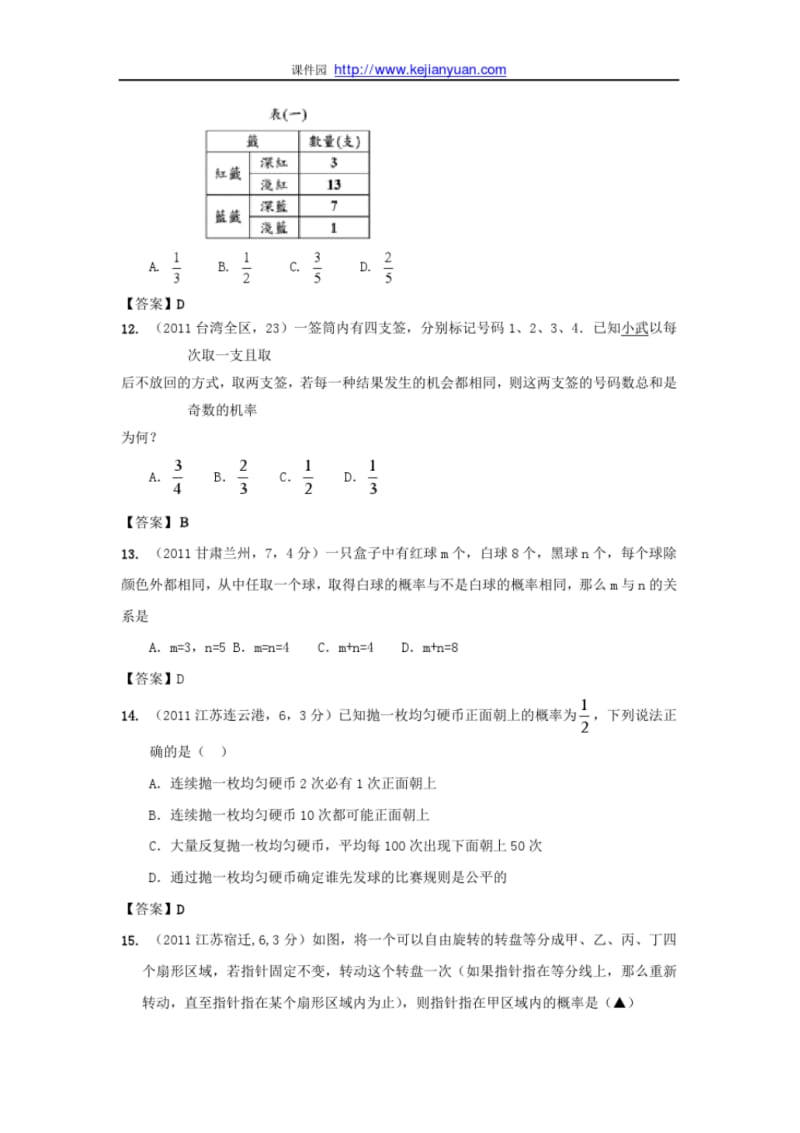 2011年中考数学试题分类17事件与概率.pdf_第3页