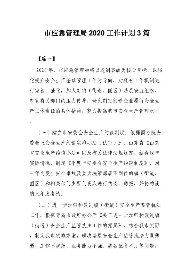 市应急管理局2020工作计划3篇.docx_第1页