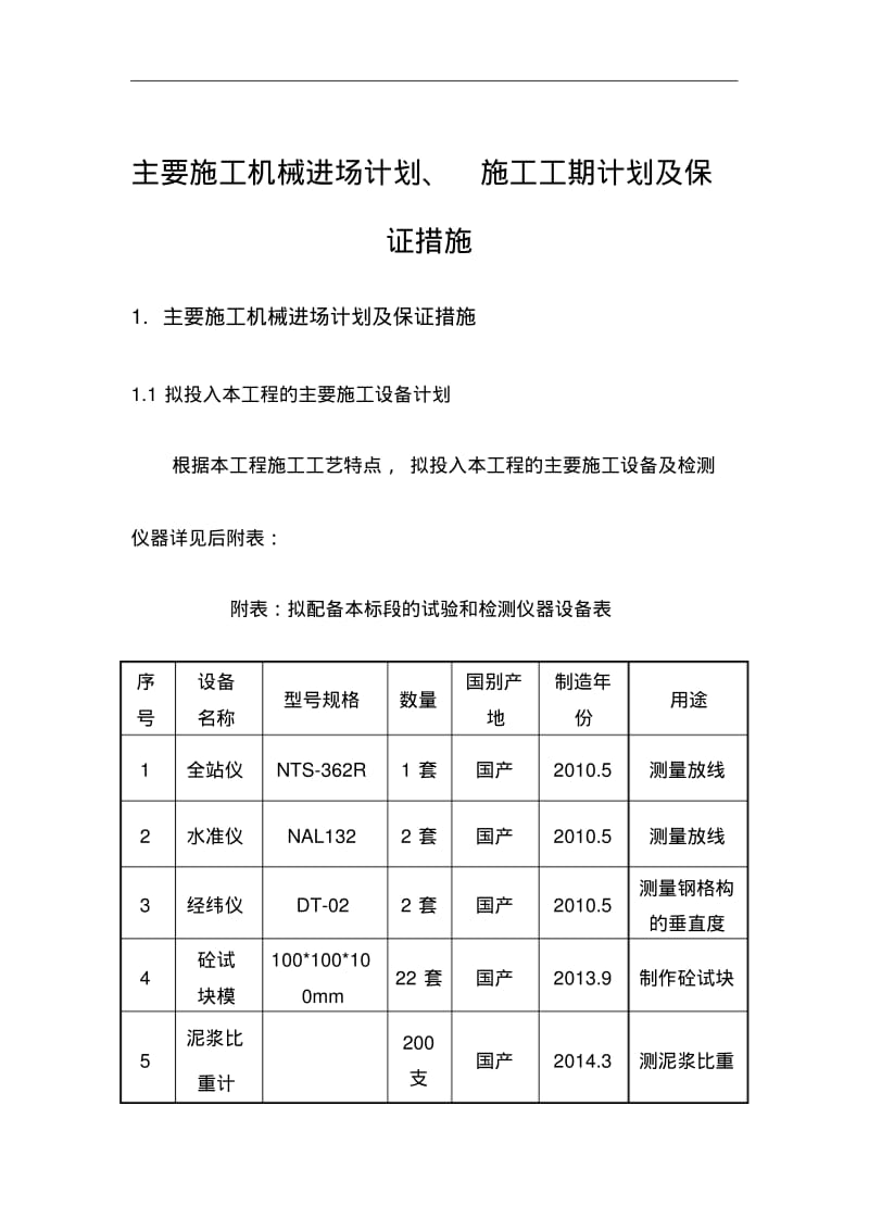 主要施工机械进场计划、施工工期计划与保证措施.pdf_第1页