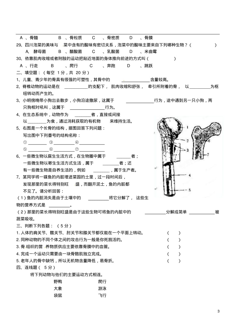 四川省遂宁市2012-2013学年八年级生物上学期期中测试试题(无答案)新人教版.pdf_第3页