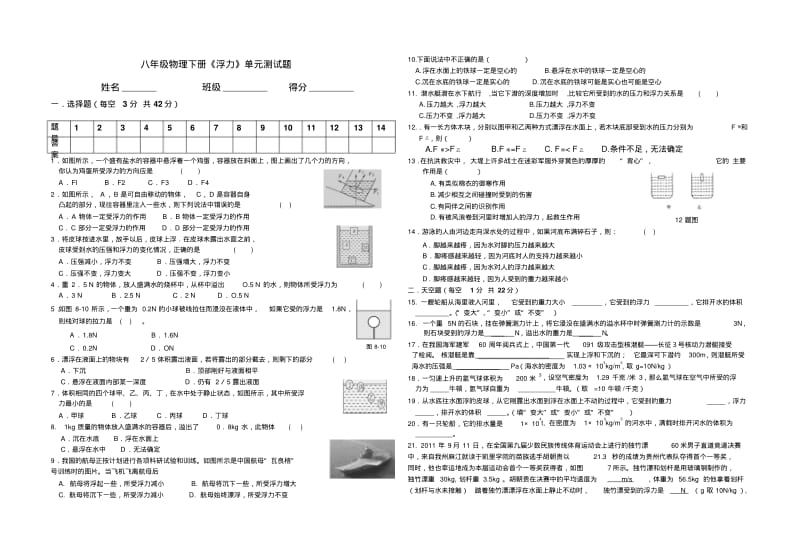 人教版八年级物理《浮力》单元测试题.pdf_第1页