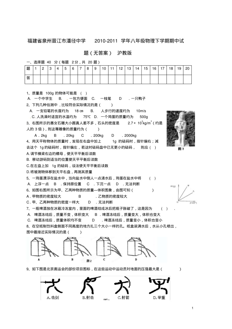 福建省泉州晋江市2010-2011学年八年级物理下学期期中试题(无答案)沪教版.pdf_第1页