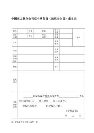 中国东方航空公司空中乘务员(兼职安全员)报名表.doc