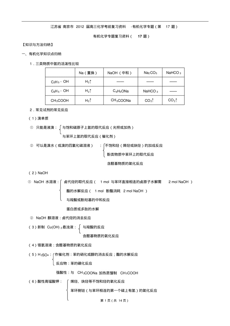 江苏省南京市2012届高三化学考前复习资料-有机化学专题.pdf_第1页