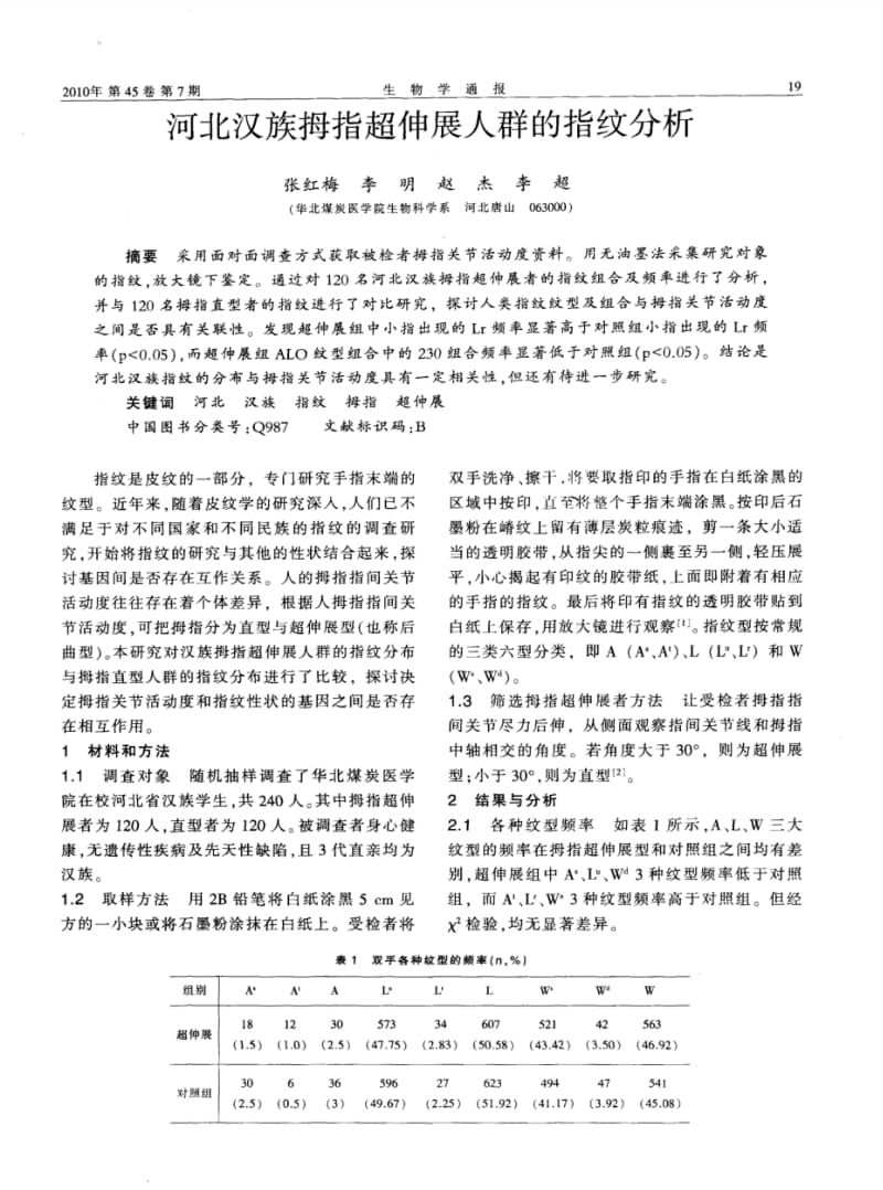 高中生物教学论文河北汉族拇指超伸展人群的指纹分析(pdf).pdf_第1页