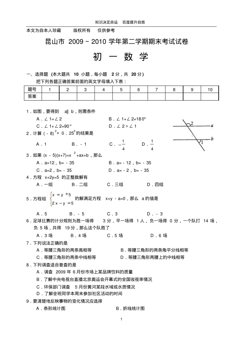 数学f9昆山市2009～2010学年第二学期期末考试试卷初一数学(1).pdf_第1页