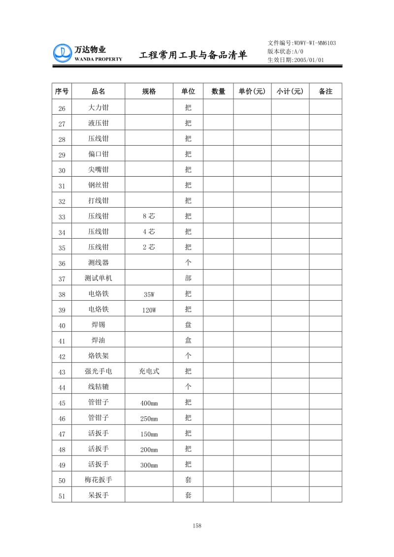 WDWY-WI-MF6103工程常用工具与备品清单20041114--157-159.doc_第2页