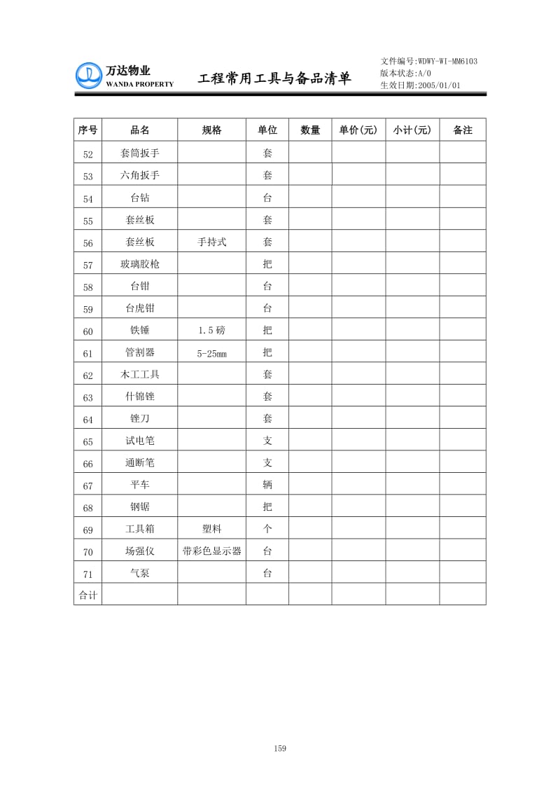 WDWY-WI-MF6103工程常用工具与备品清单20041114--157-159.doc_第3页