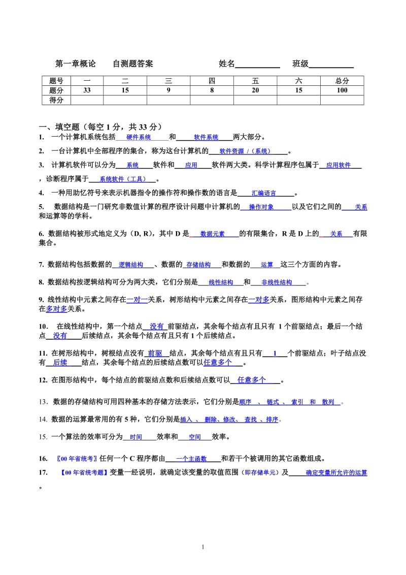 《C语言数据结构》第1至9章自测题答案大全.doc_第1页