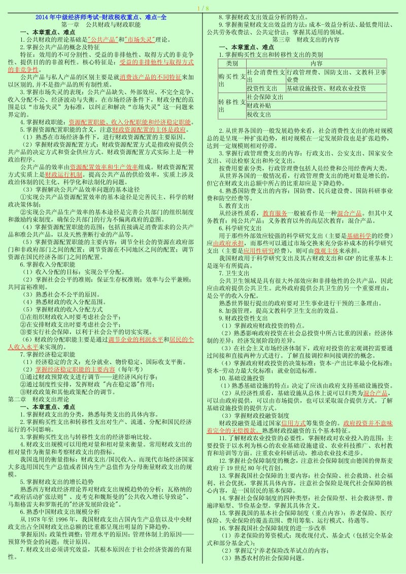 中级经济师考试 财政税收 章节考点总结 重点、难点 小抄版缩印版打印版.pdf_第1页