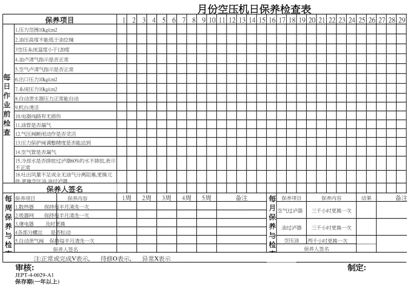 【企业】空压机日保养检查表范本（EXCEL档，可编辑） .xls_第1页