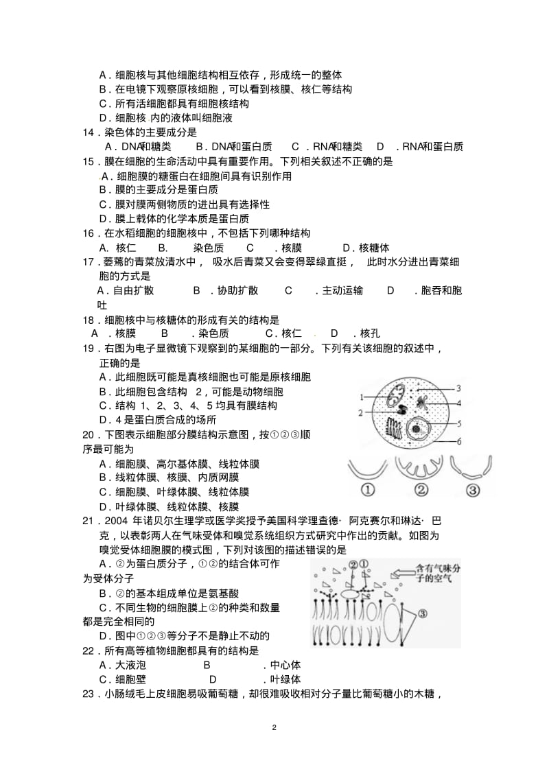 江苏省学测复习练习专题二细胞的结构.pdf_第2页