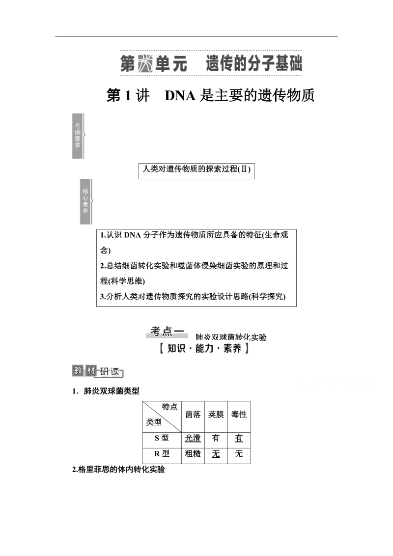 2021高三生物人教版一轮教师用书：必修2 第6单元 第1讲　DNA是主要的遗传物质 Word版含解析.doc_第1页