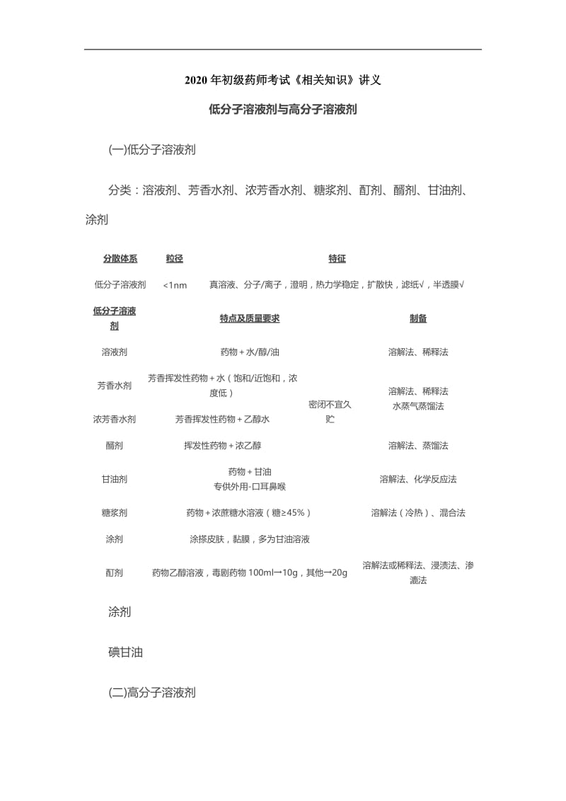 2020年初级药师考试《相关知识》讲义：低分子溶液剂与高分子溶液剂.doc_第1页