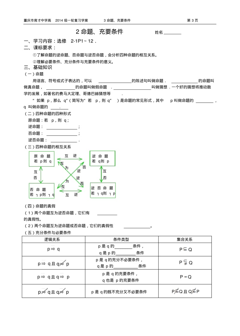 重庆市育才中学高2014级一轮复习学案(理科数学)3命题、充要条件(教师用).pdf_第1页