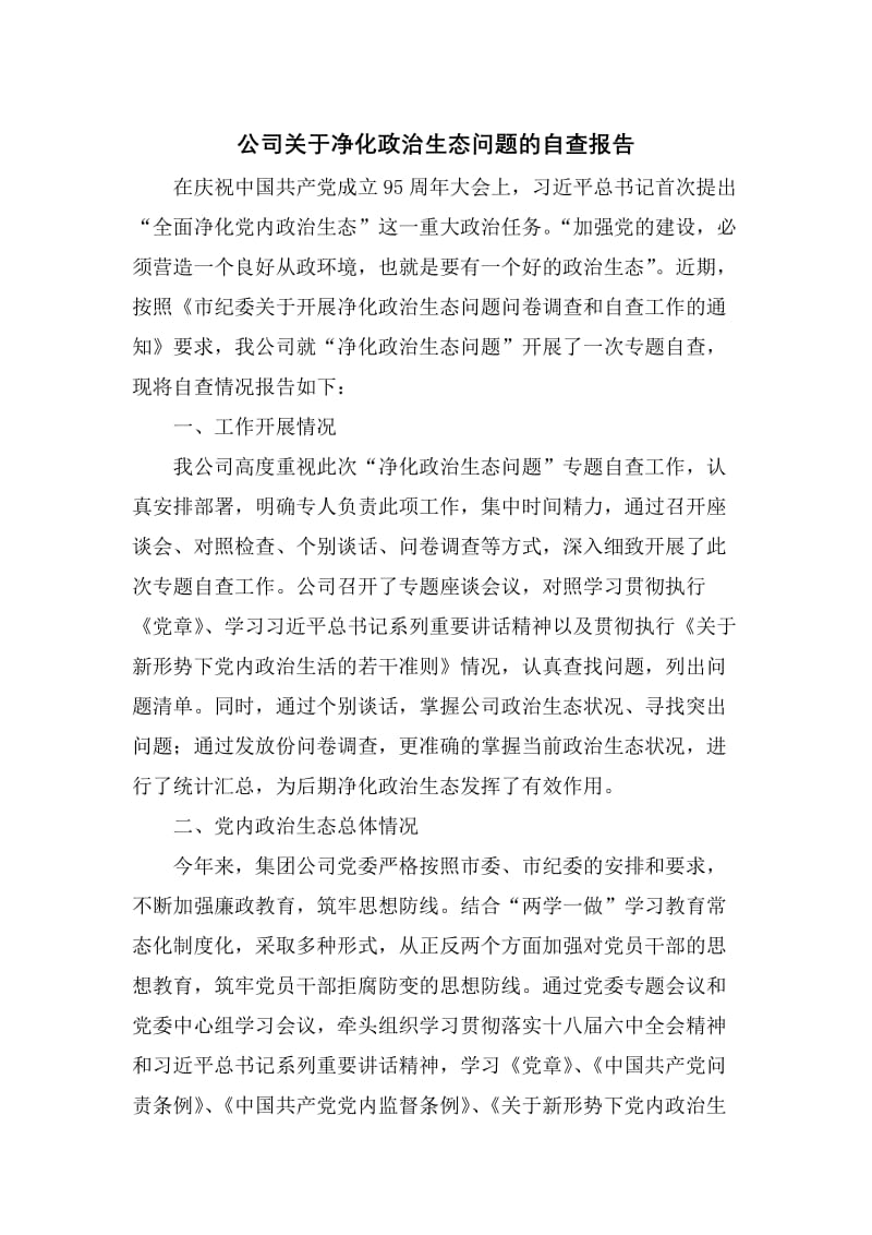 公司关于净化政治生态问题自查报告.docx_第1页