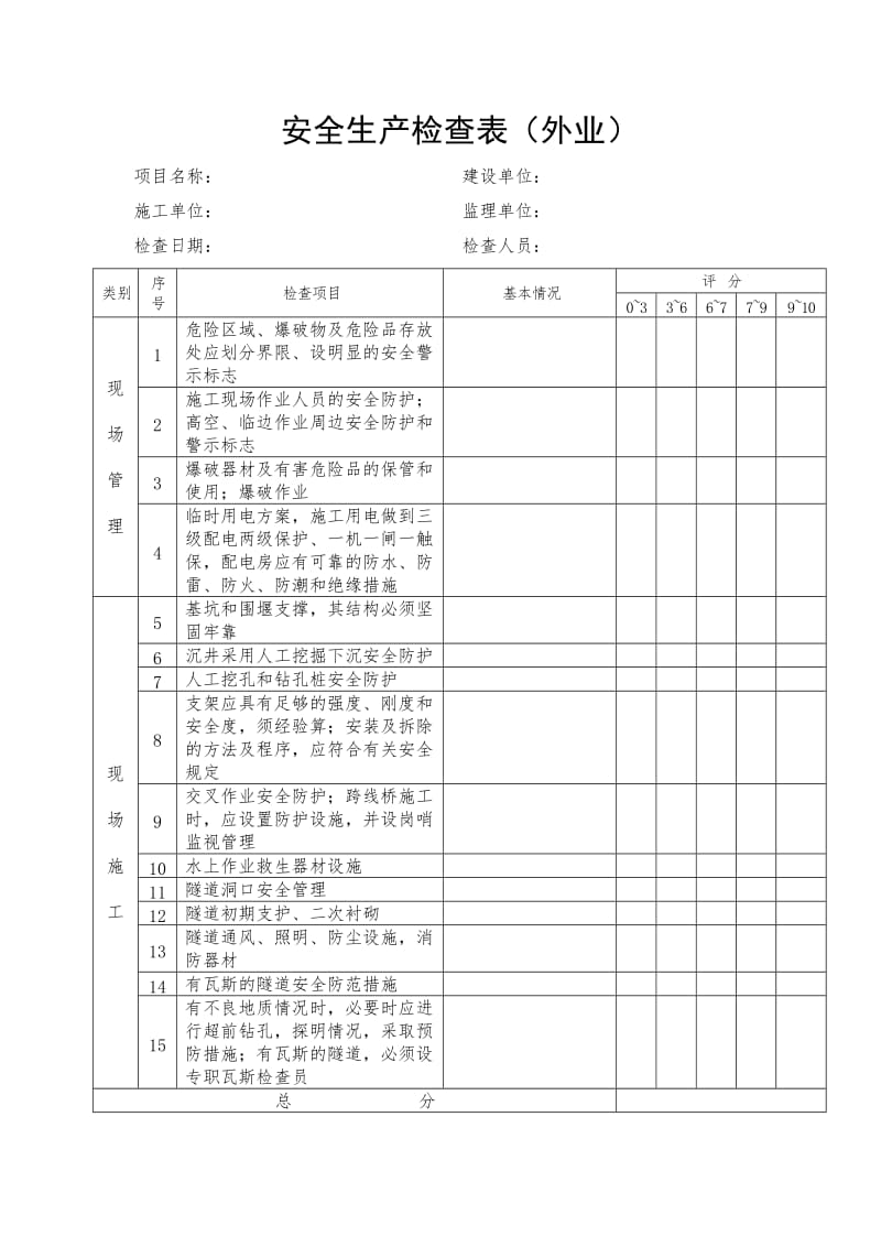 安全生产检查表（外业）.doc_第1页