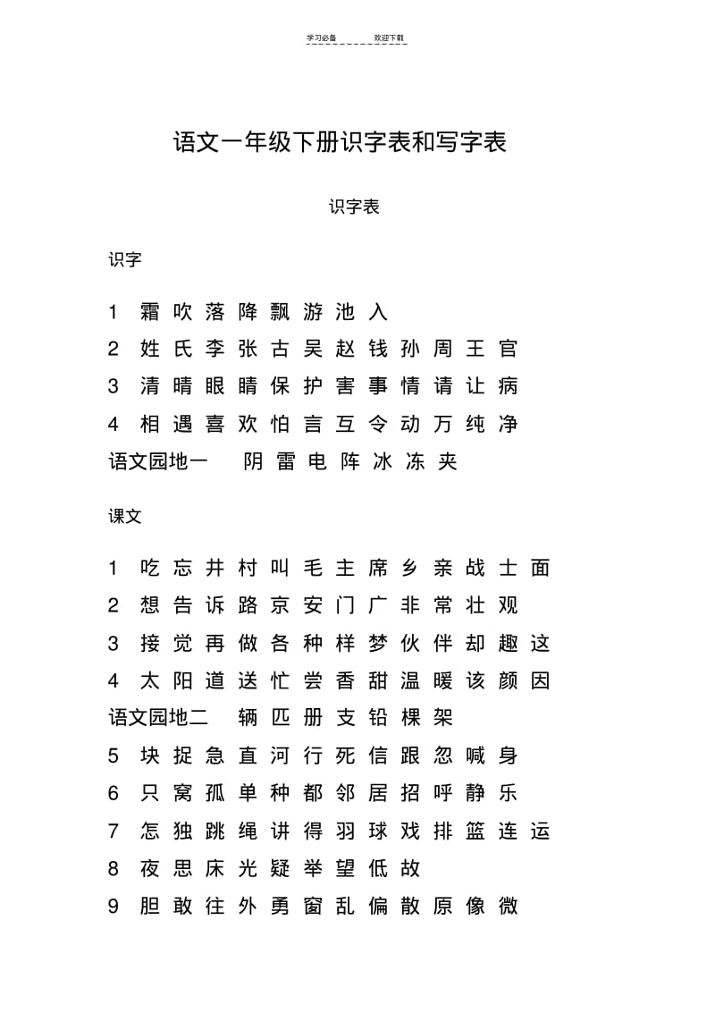 【优质文档】语文一年级下册识字表和写字表(含拼音).pdf_第1页