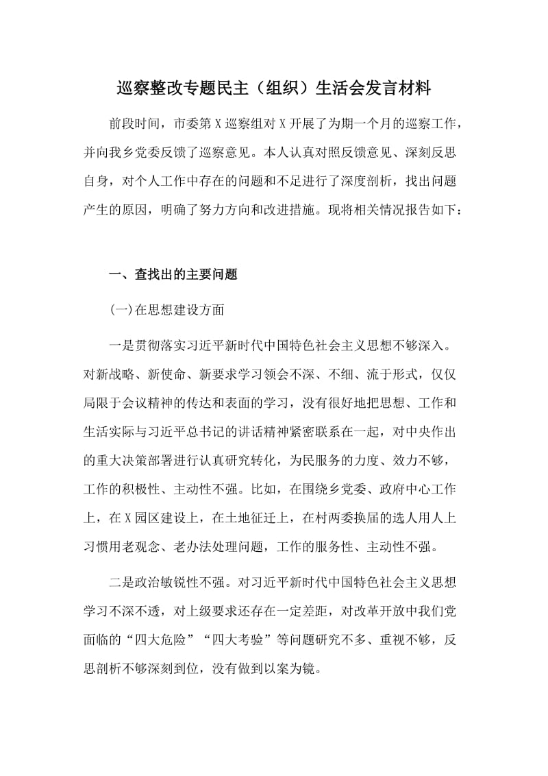 巡察整改专题民主（组织）生活会发言材料.doc_第1页