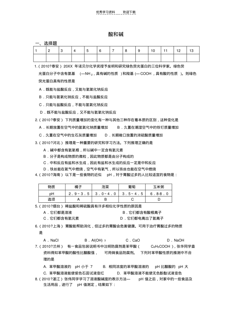 初中化学《第十单元酸和碱》单元测试.pdf_第1页