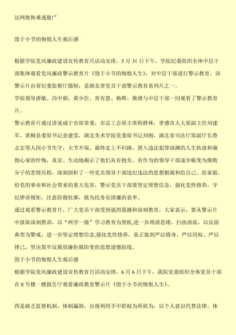 关于警示片毁于小节的悔恨人生观后感.doc_第2页