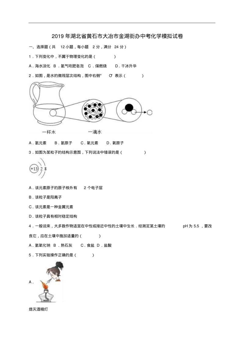 湖北省黄石市2019年中考化学模拟试题(含解析).pdf_第1页