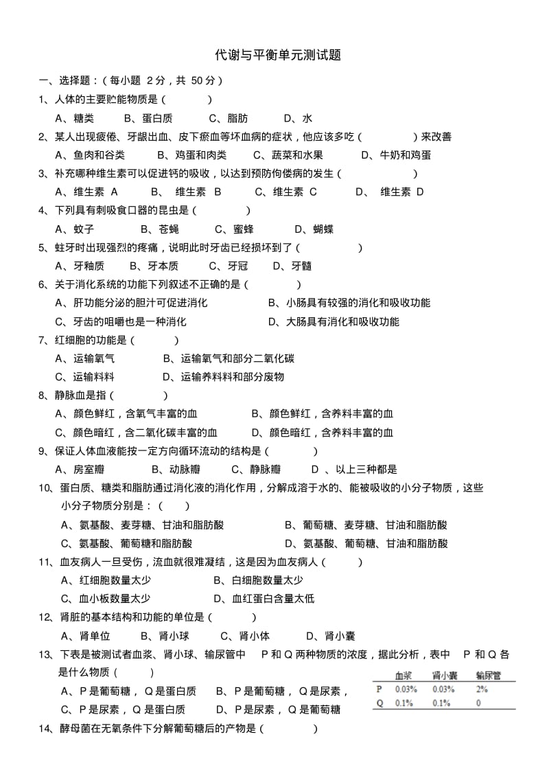 代谢与平衡单元测试题.pdf_第1页