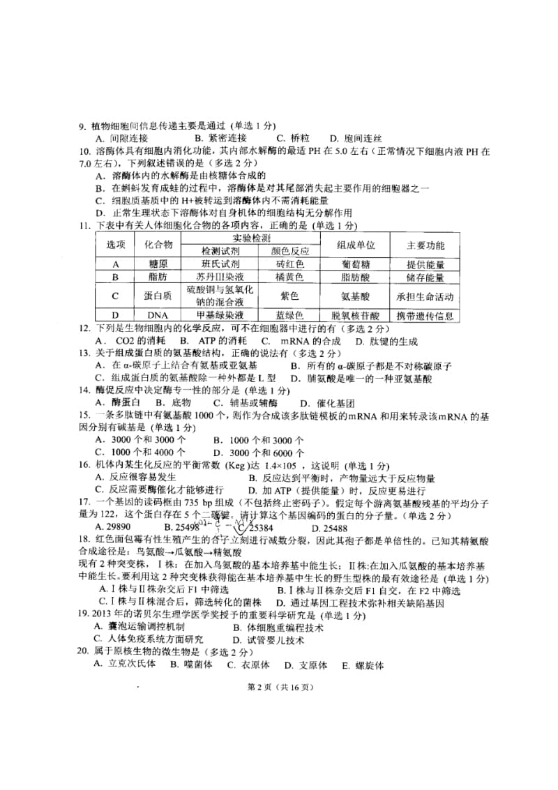 2014年陕西省中学生生物学竞赛预赛试题(扫描版)有答案.pdf_第2页