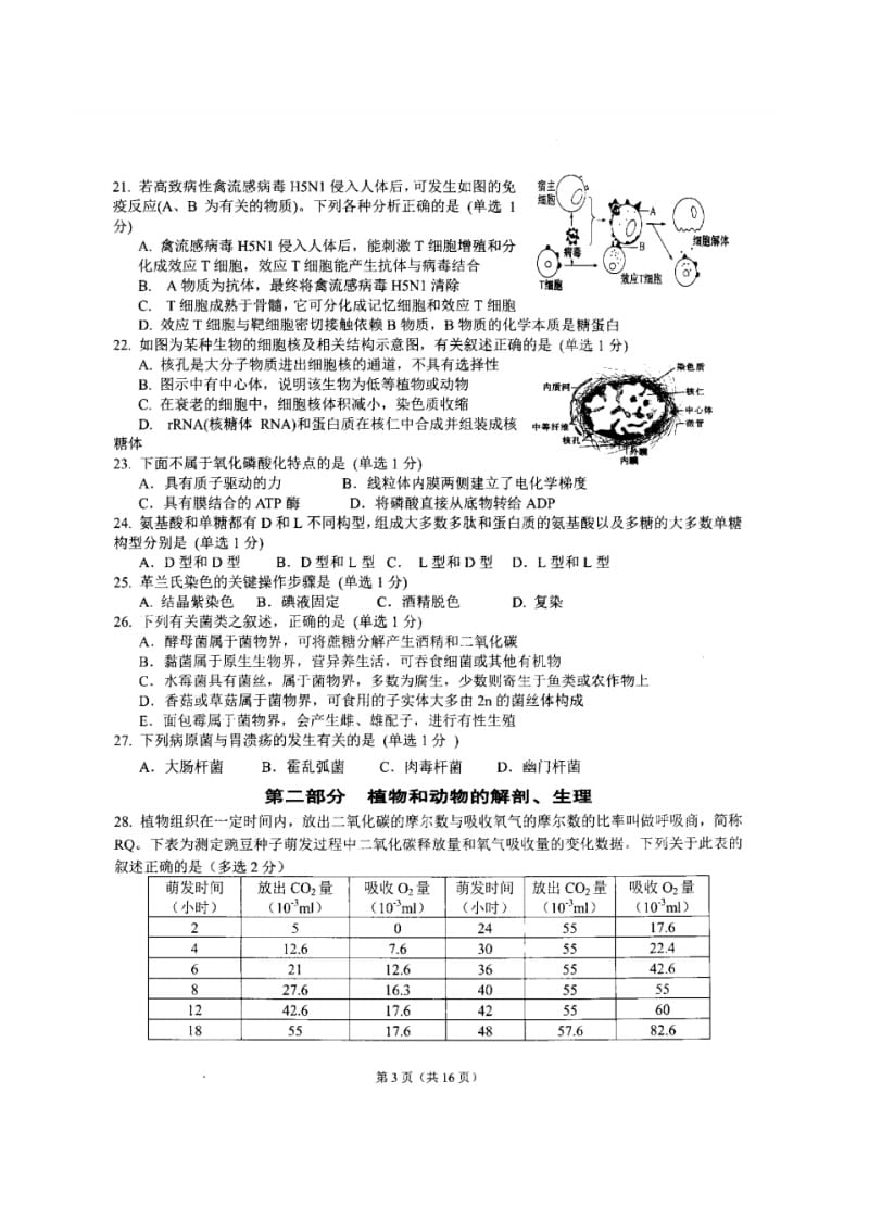 2014年陕西省中学生生物学竞赛预赛试题(扫描版)有答案.pdf_第3页